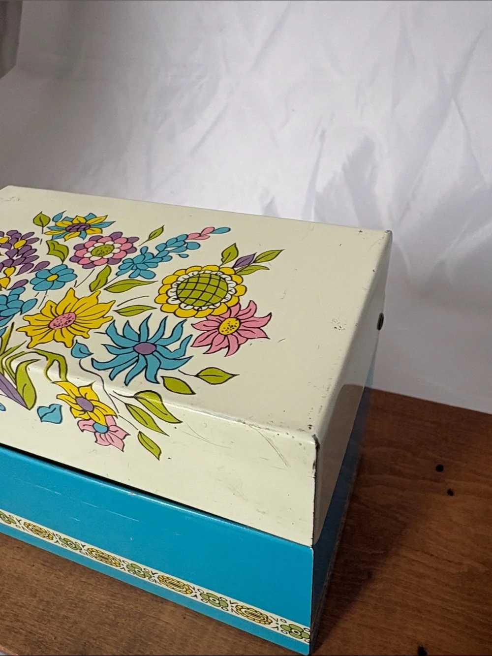 Vintage Floral Metal Recipe Box in Turquoise and Cream